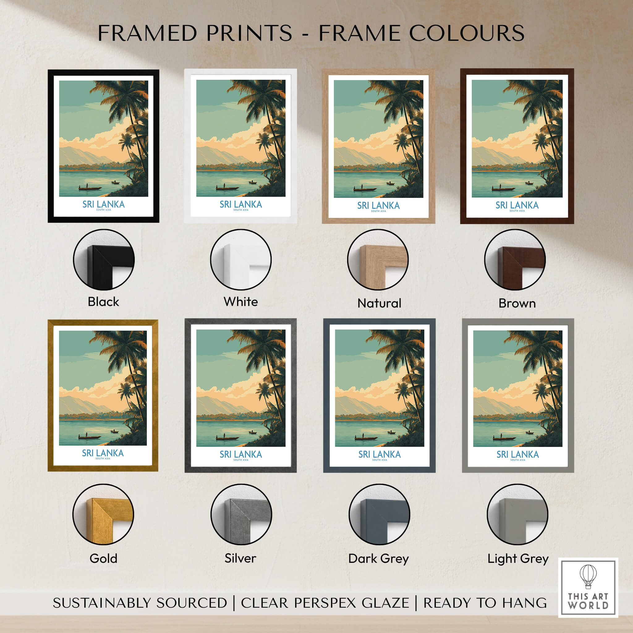 Framed prints in various colors showcasing the Sri Lanka Canvas Print | Traditional Boat Scene Poster.
