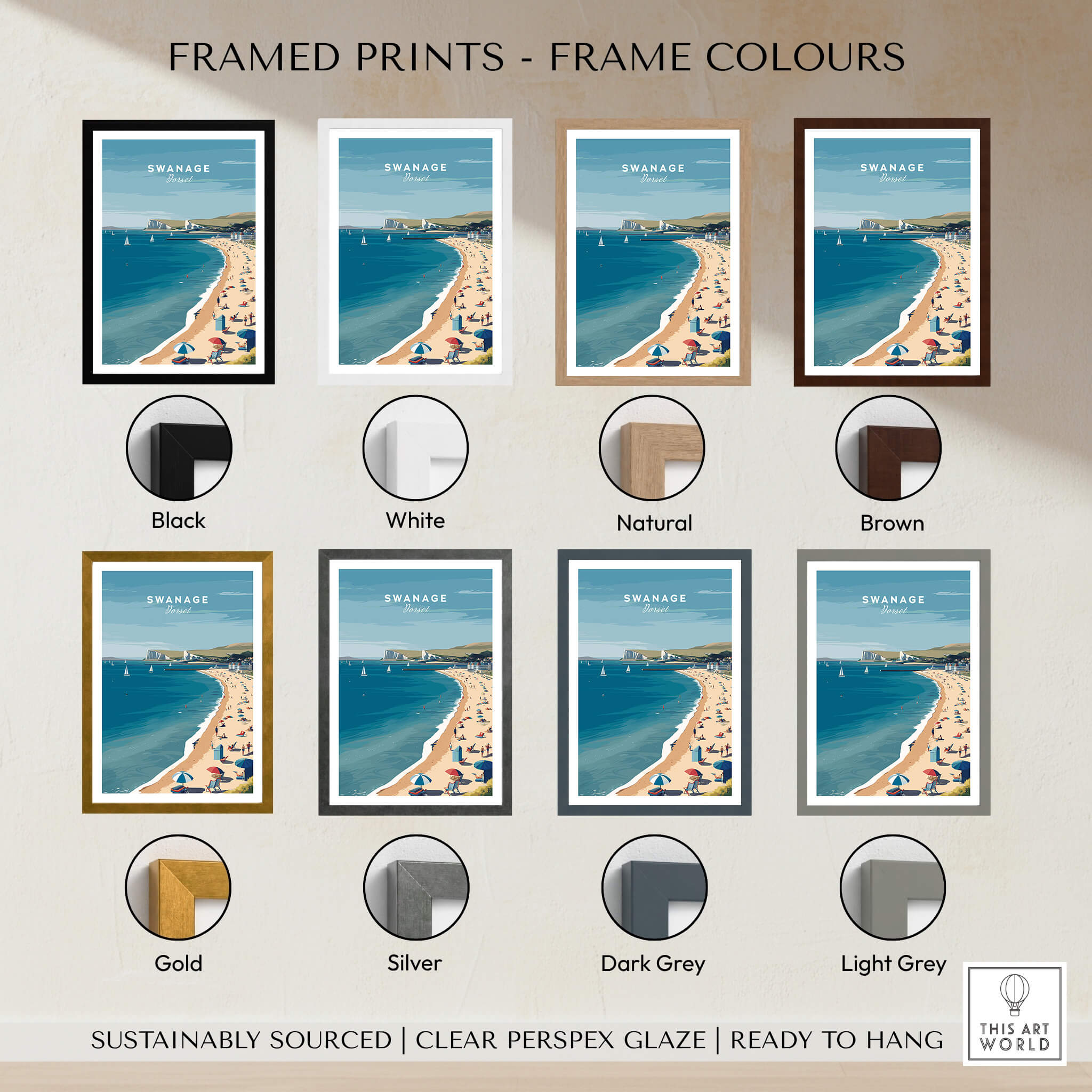 Swanage Dorset Wall Art Print | British Seaside Beach Travel Poster framed in various frame colors options.
