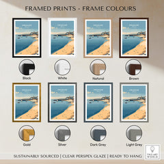 Swanage Dorset Travel Poster | English Coastal Town Wall Art Print framed in various colors including black, white, and gold.
