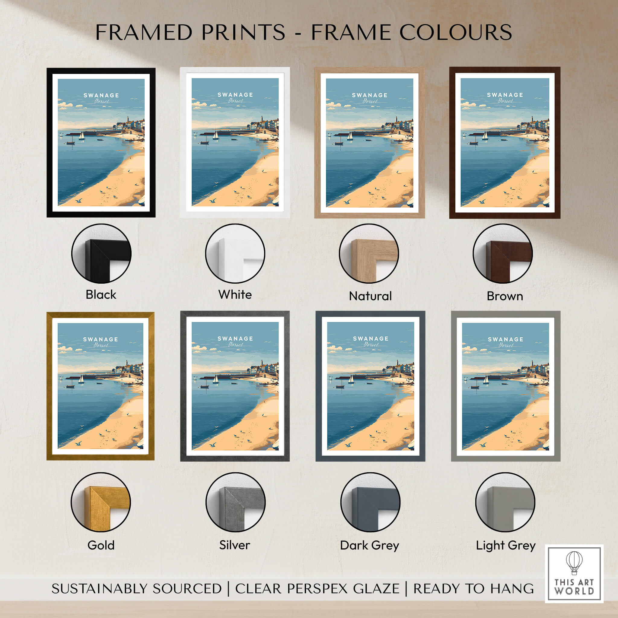 Swanage Dorset Travel Poster | English Coastal Town Wall Art Print framed in various colors including black, white, and gold.