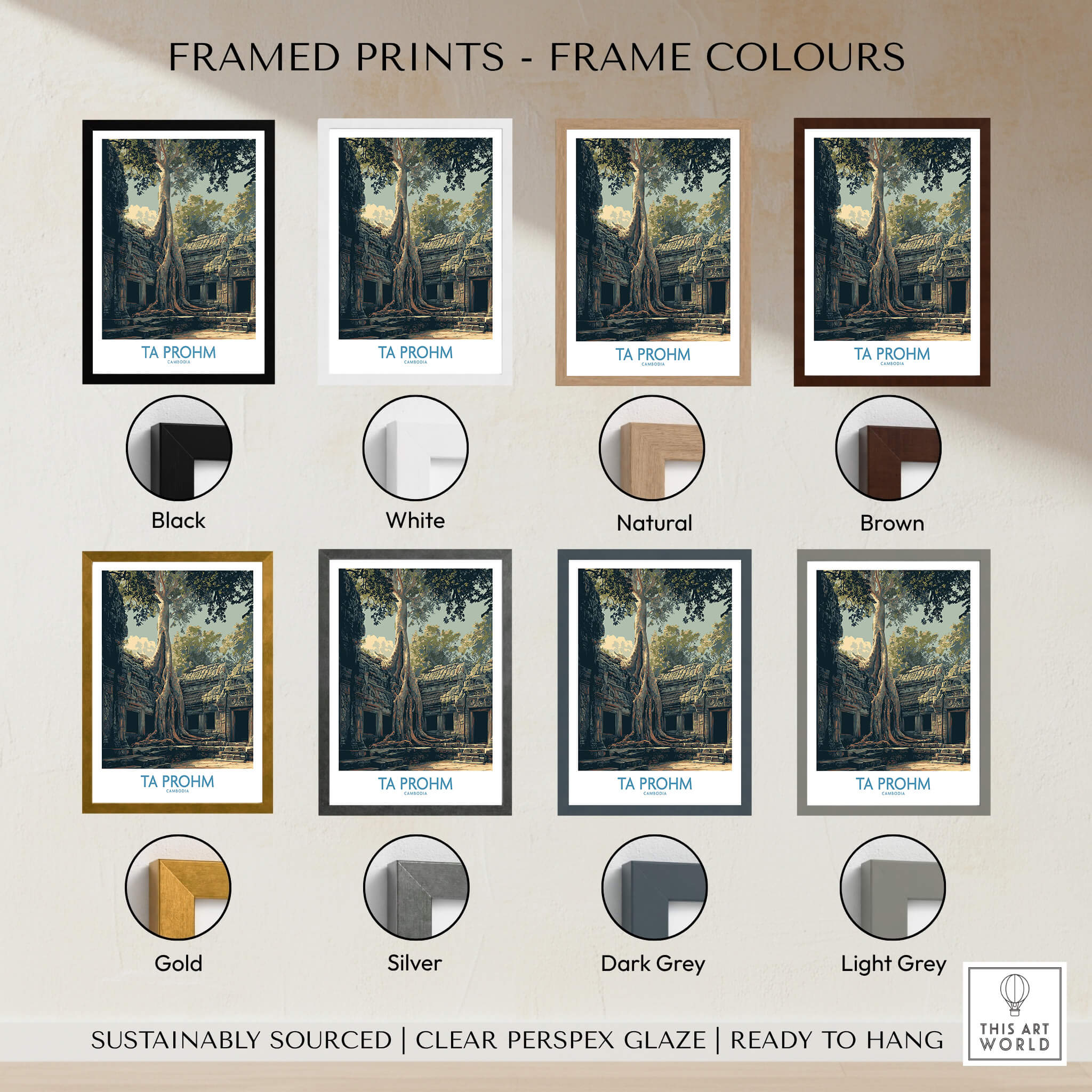 Framed prints in various colors for Ta Prohm Cambodia Canvas Print | Iconic Tree Root Ruins Poster.