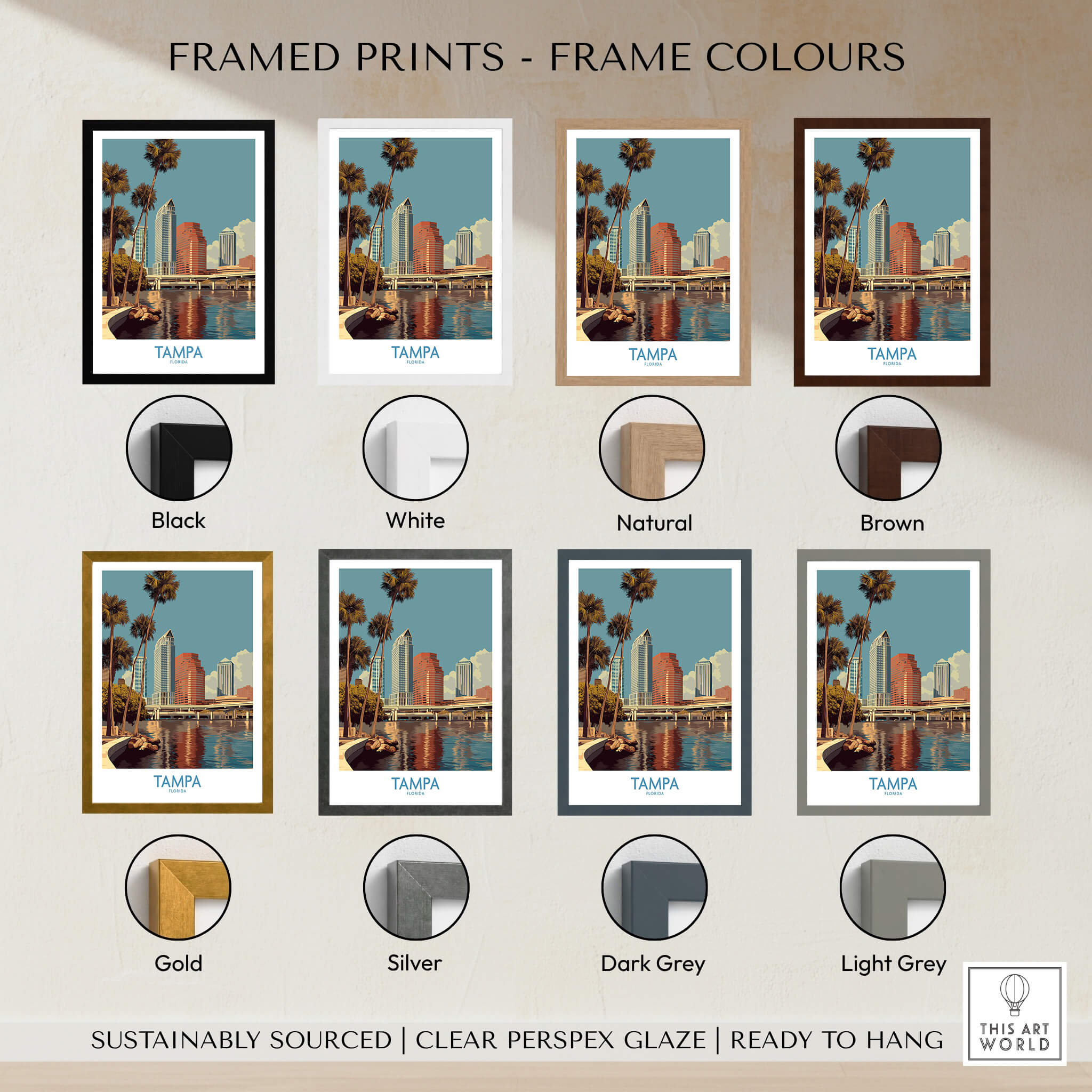 Tampa Florida Poster | Waterfront Sunset Cityscape Canvas Print framed print color options including black, white, natural, and brown.