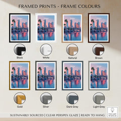 Tampa Florida Travel Poster | Marina Harbor & Skyline Wall Art Print framed in various colors including black, white, natural, and brown.