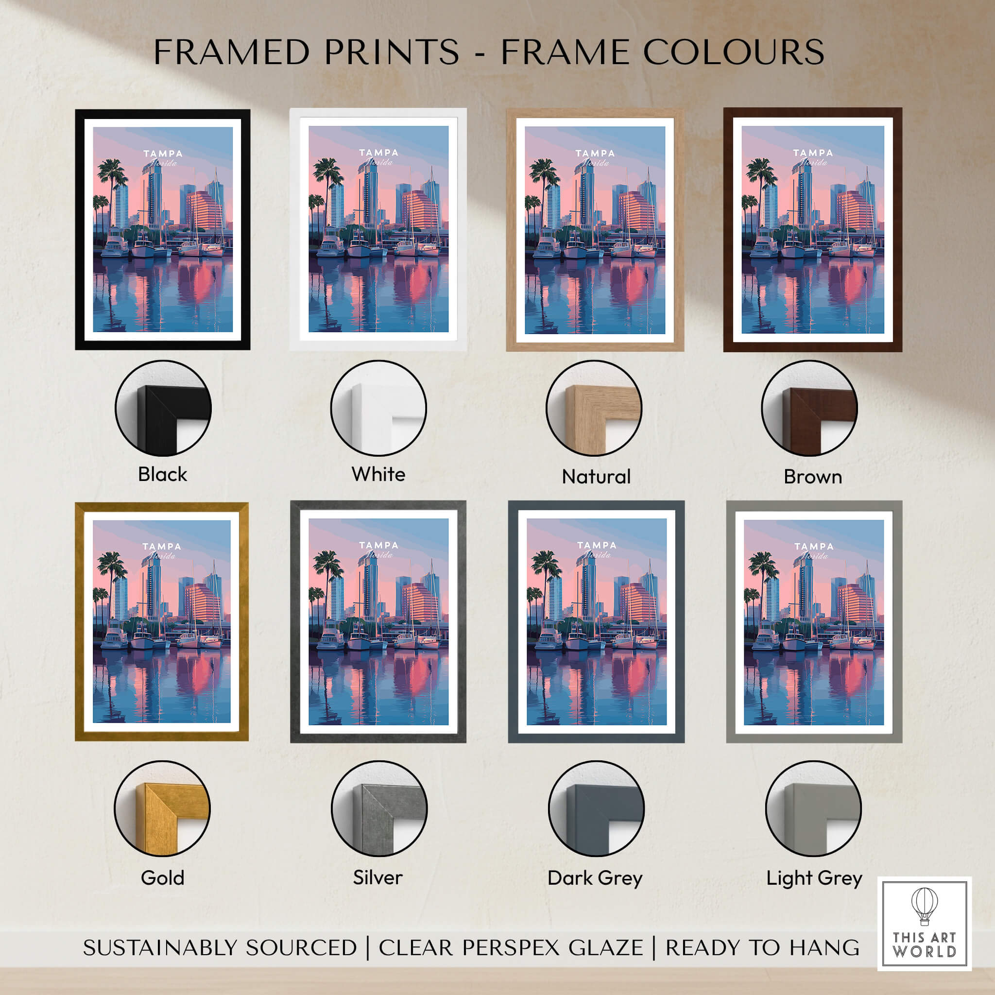 Tampa Florida Travel Poster | Marina Harbor & Skyline Wall Art Print framed in various colors including black, white, natural, and brown.
