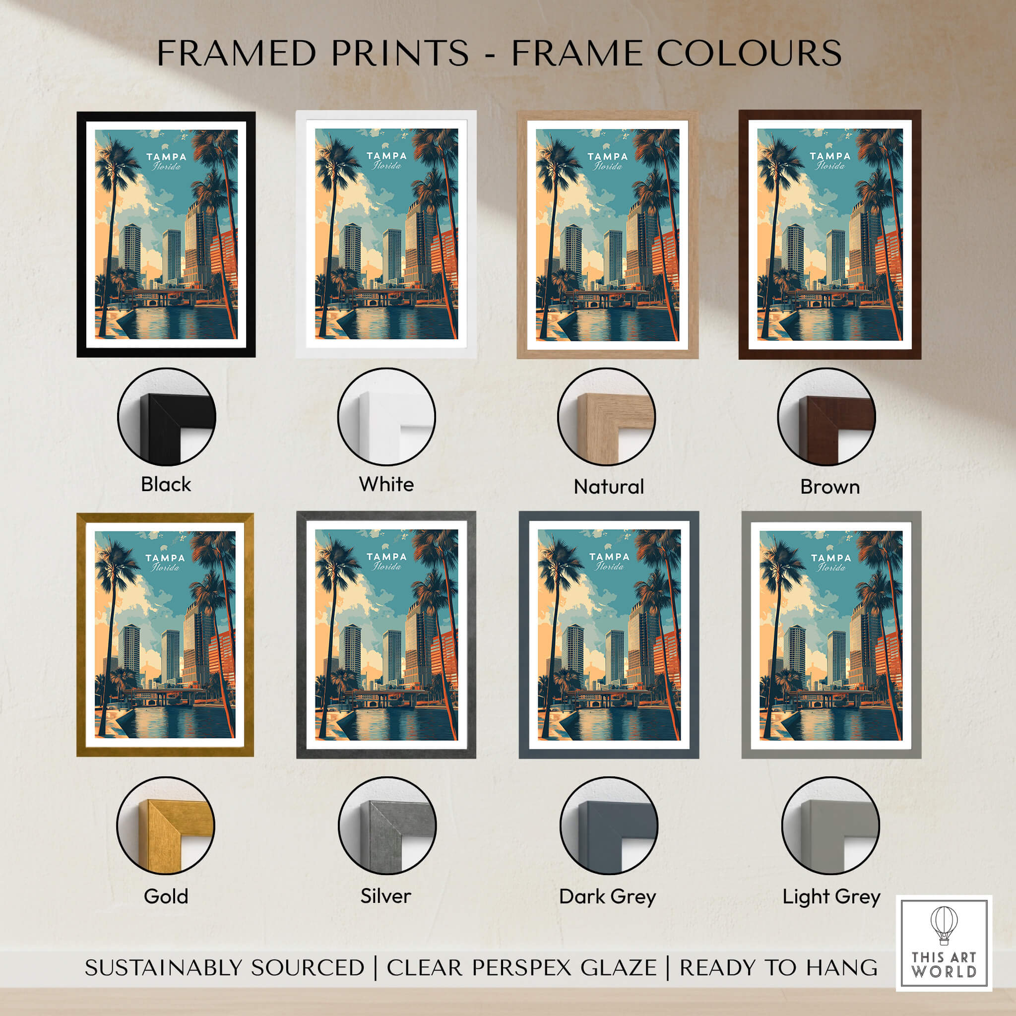 Tampa Florida Wall Art Print | Palm Trees & Modern Skyline Travel Poster framed print color options.