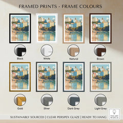 Tenby travel poster wall art with eight frame color options, coastal town illustration.