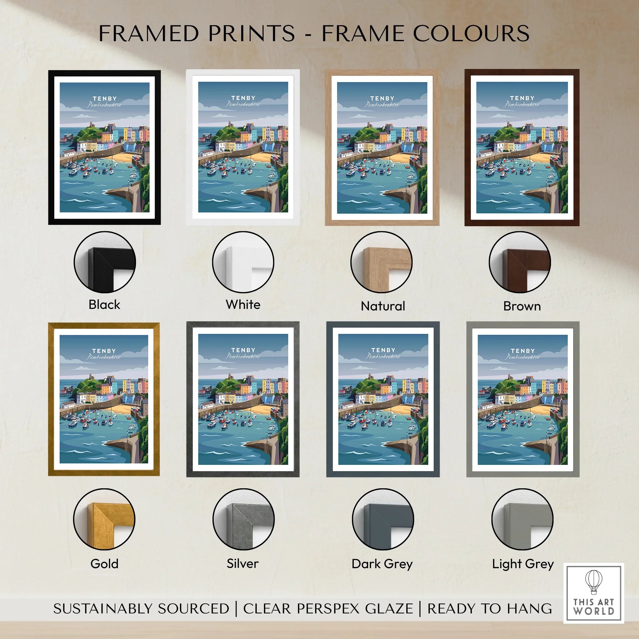 Tenby travel poster print in eight frame colour options, showcasing a colorful seaside harbor scene.