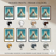 Tehran Poster Iran | Azadi Tower Sunset Architecture Canvas Print framed in various color options including black, white, and brown.