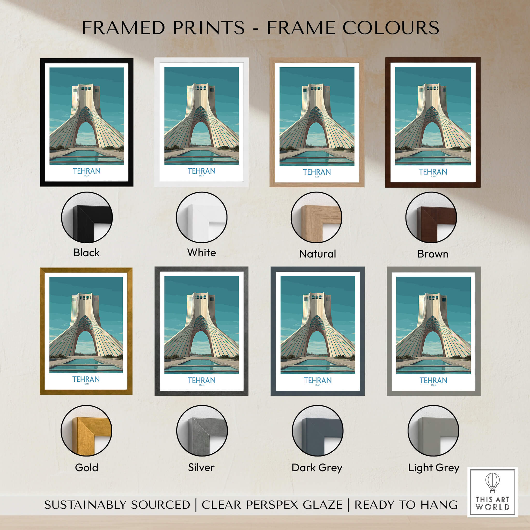 Tehran Poster Iran | Azadi Tower Sunset Architecture Canvas Print framed in various color options including black, white, and brown.