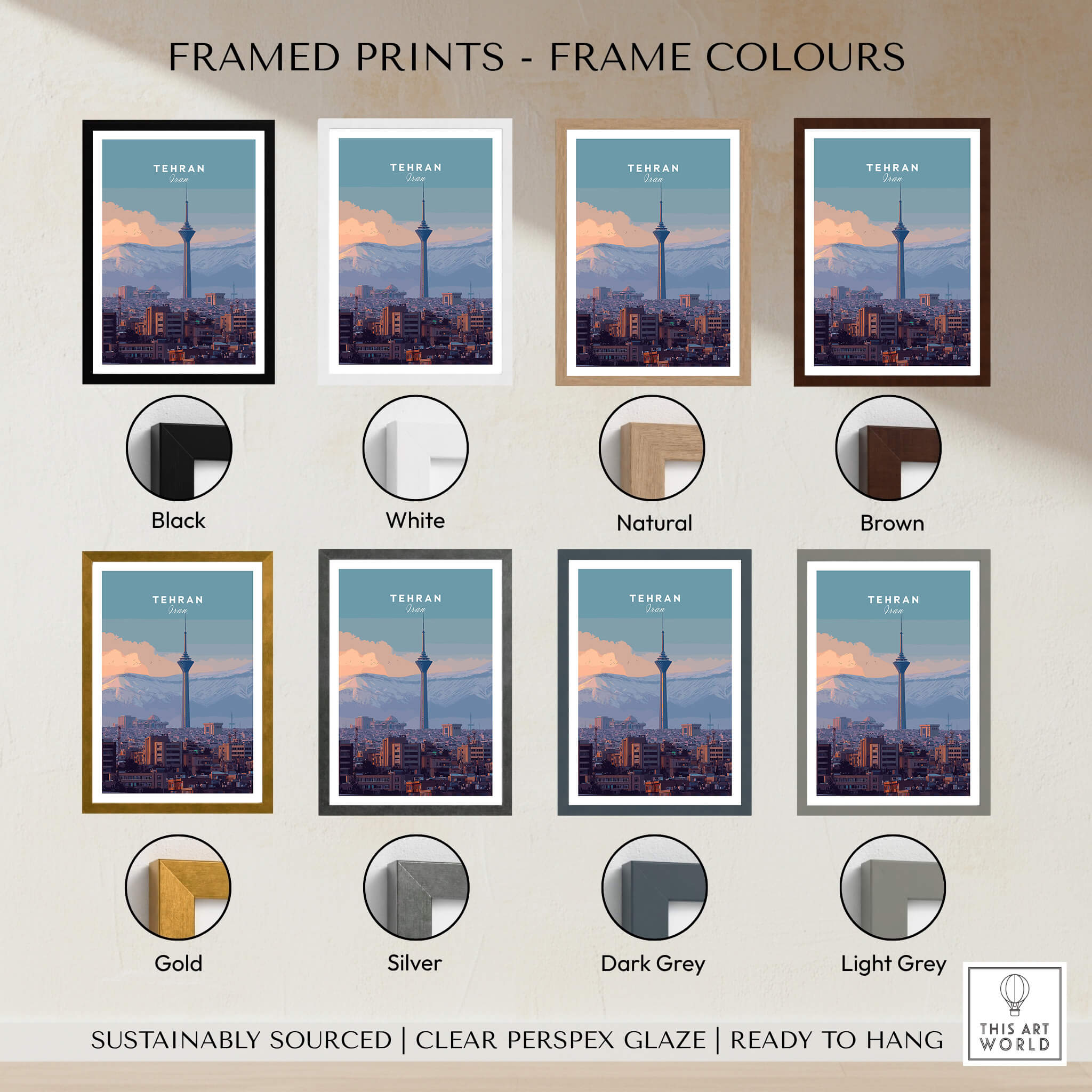 Tehran Iran Travel Poster | Alborz Mountains Skyline Wall Art Print framed in various colors including black, white, gold, and more.