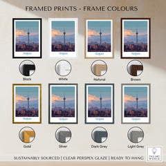 Tehran Iran Canvas Print | Evening City Landscape Poster framed print options in various colors including black, white, natural, and brown.