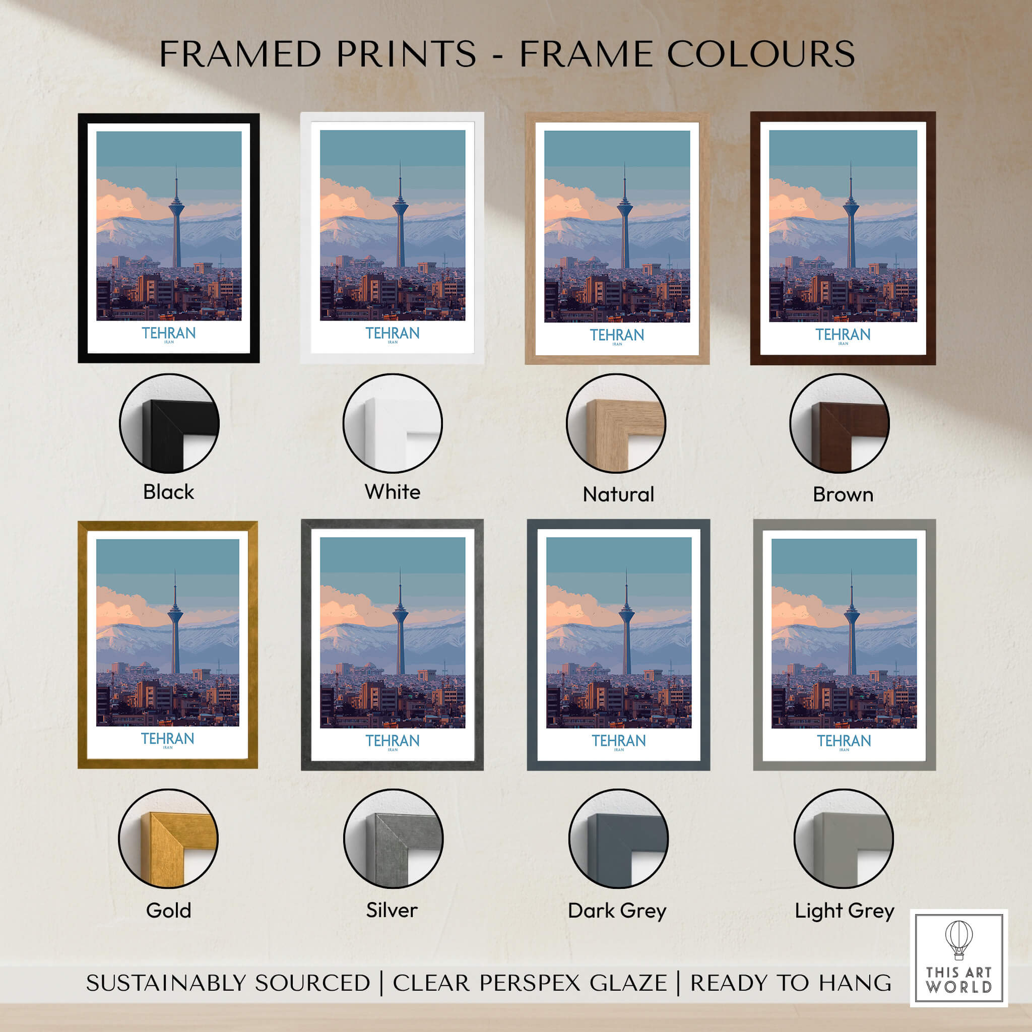 Tehran Iran Canvas Print | Evening City Landscape Poster framed print options in various colors including black, white, natural, and brown.
