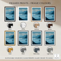 Tofino Canada Travel Poster | Pacific Coast Surfer Wall Art Print displayed in various frame colors including Black, White, and Gold.