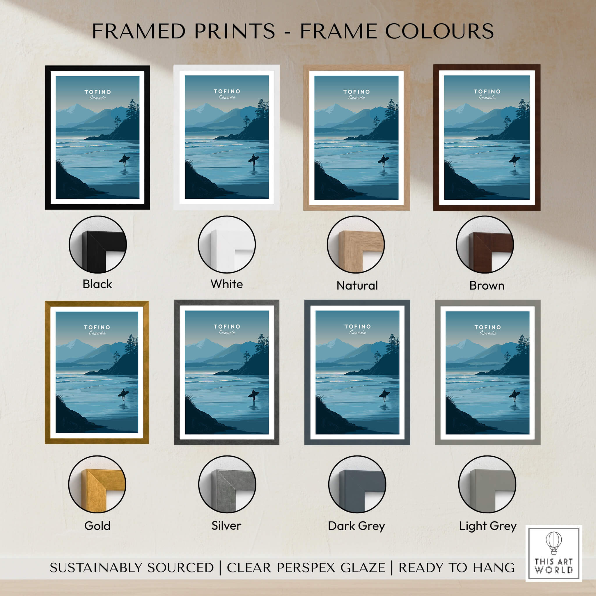 Tofino Canada Travel Poster | Pacific Coast Surfer Wall Art Print displayed in various frame colors including Black, White, and Gold.