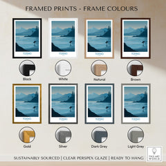 Tofino Canada Canvas Print | Misty Mountain & Shoreline Poster framed prints in various frame colors.