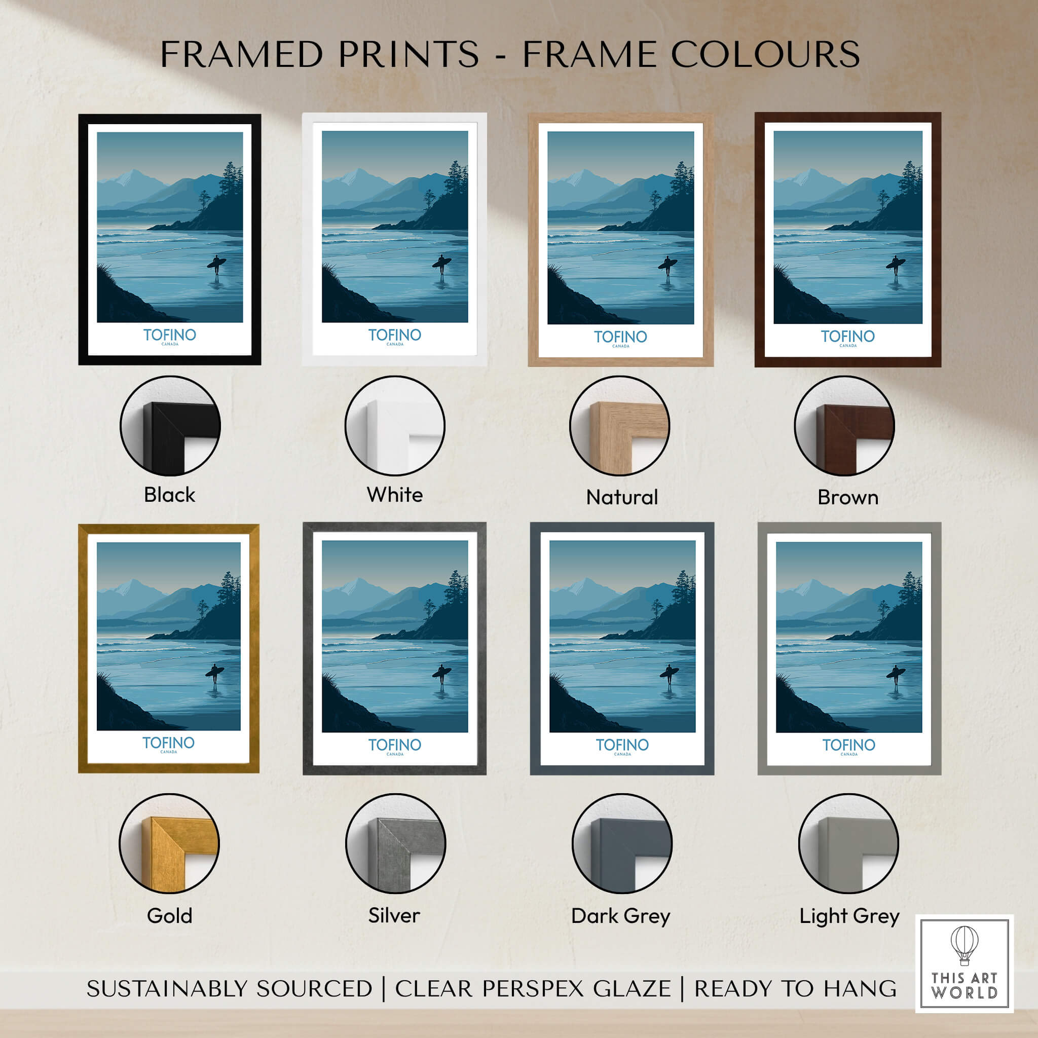 Tofino Canada Canvas Print | Misty Mountain & Shoreline Poster framed prints in various frame colors.