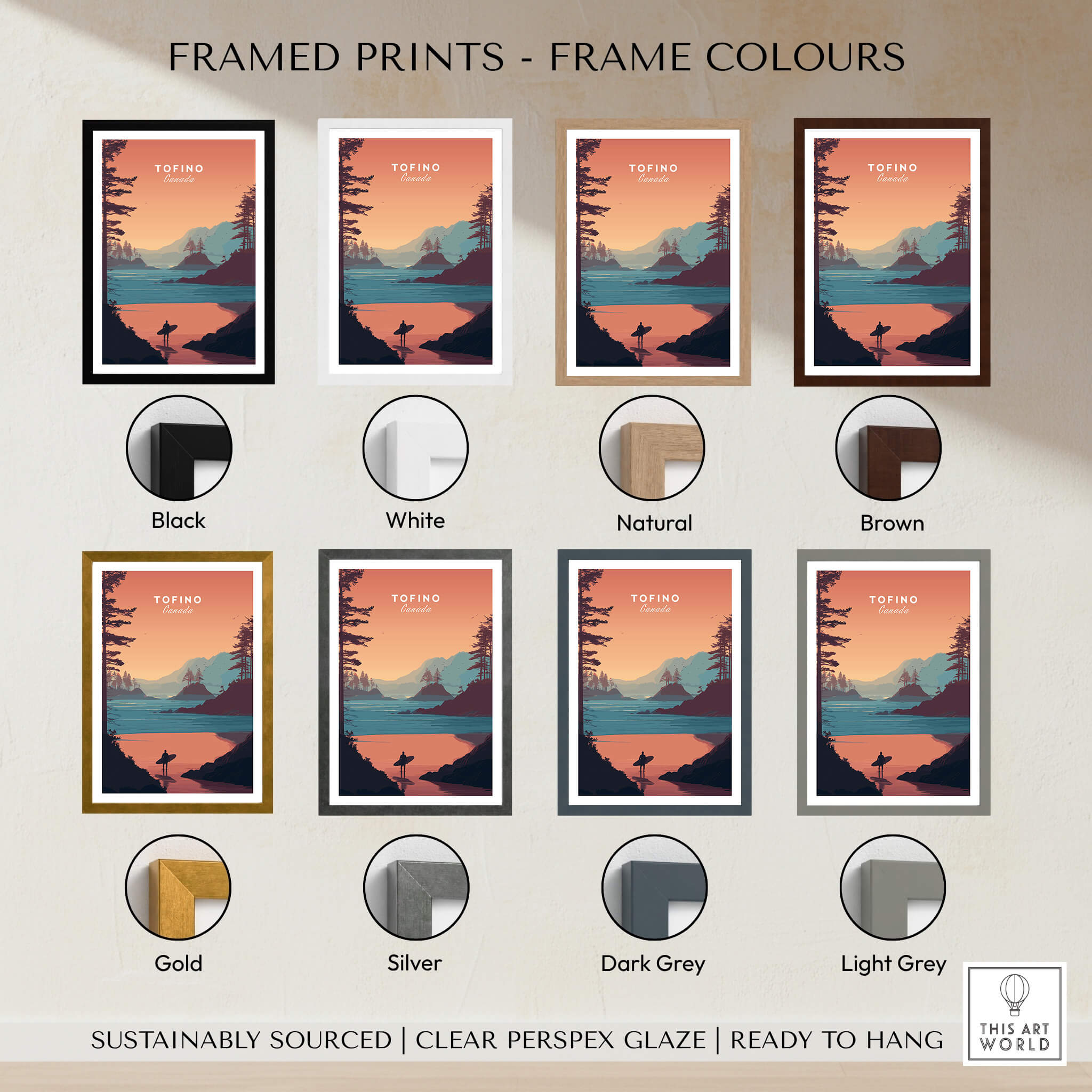 Tofino Canada Travel Poster | Sunset Beach Landscape Wall Art Print framed print options in various colors including black, white, and natural.