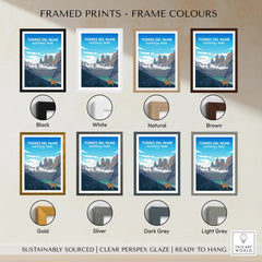 Framed Torres del Paine National Park print with eight frame color options, travel wall art.