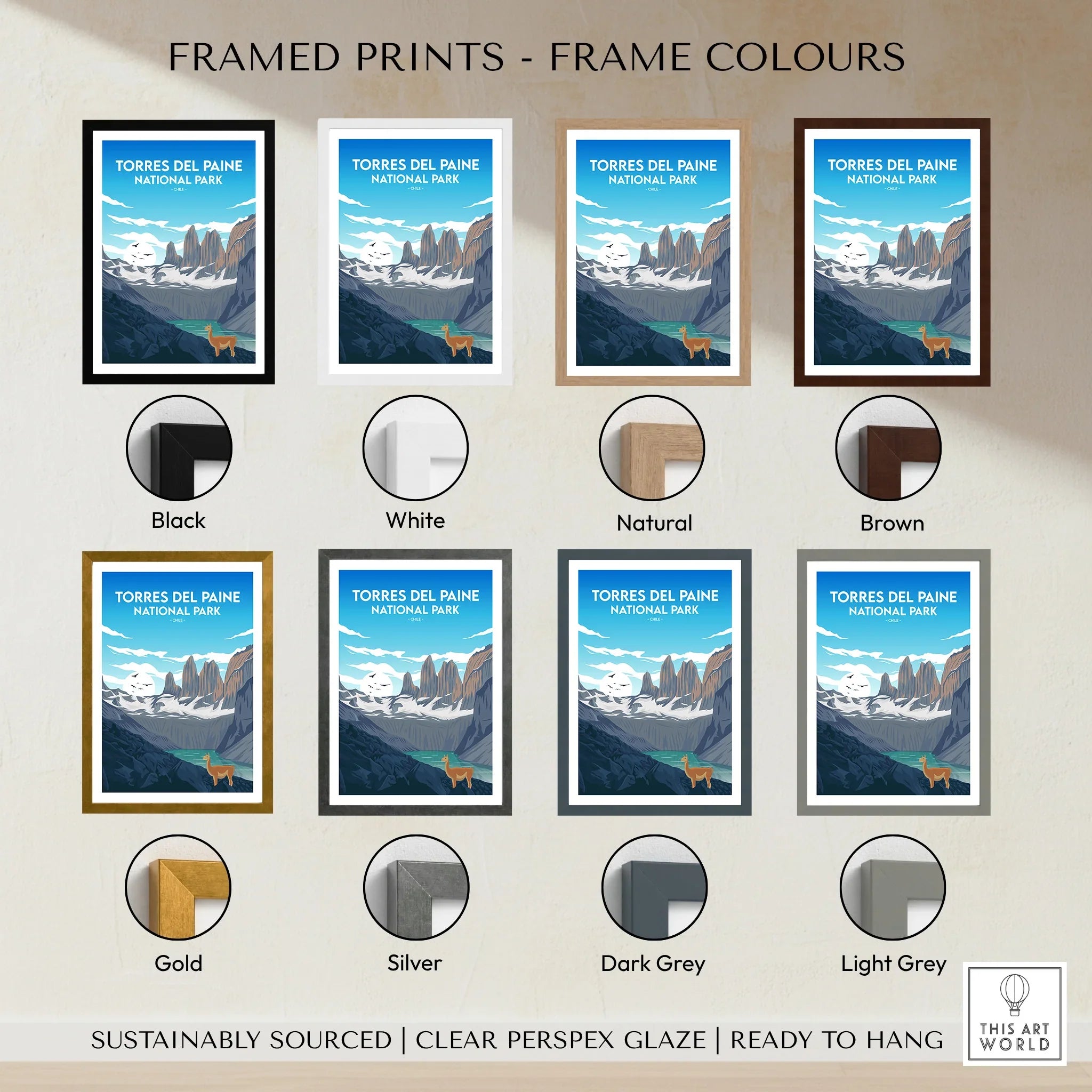 Framed Torres del Paine National Park print with eight frame color options, travel wall art.