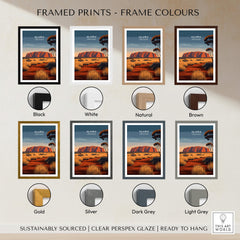 Uluru Australia Wall Art Print | Red Center Outback Travel Poster framed in multiple color options including Black, White, Natural, and Brown.