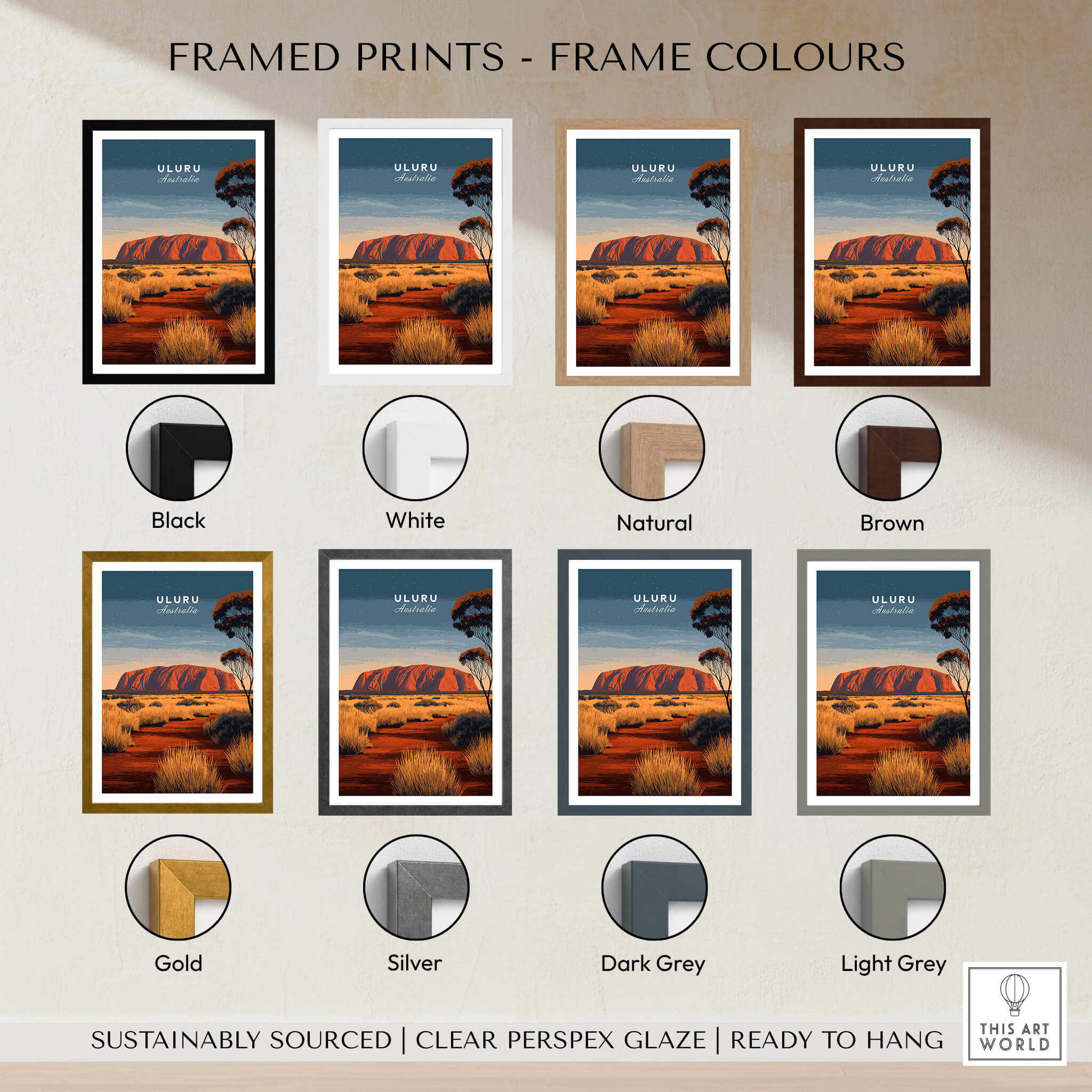 Uluru Australia Wall Art Print | Red Center Outback Travel Poster framed in multiple color options including Black, White, Natural, and Brown.