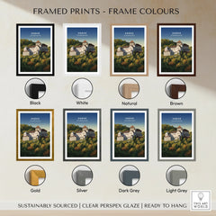 Vaduz travel poster framed wall art in various colors, including black, white, natural, brown, gold, silver, dark grey, and light grey