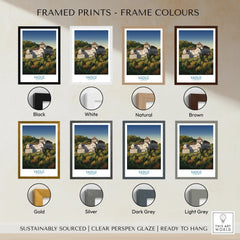 Vaduz travel poster wall art in eight frame colors including black, white, brown, and gold.
