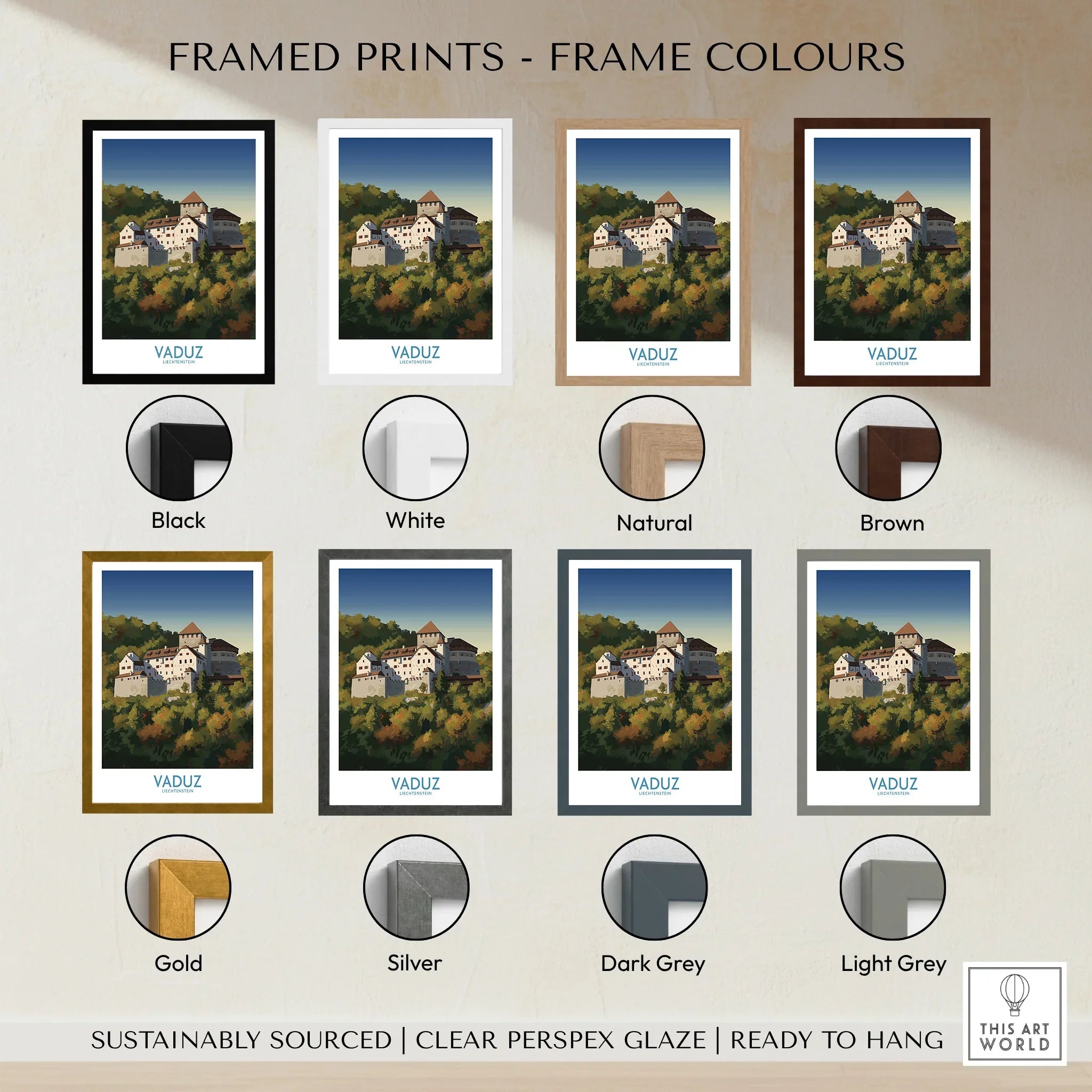 Vaduz travel poster wall art in eight frame colors including black, white, brown, and gold.
