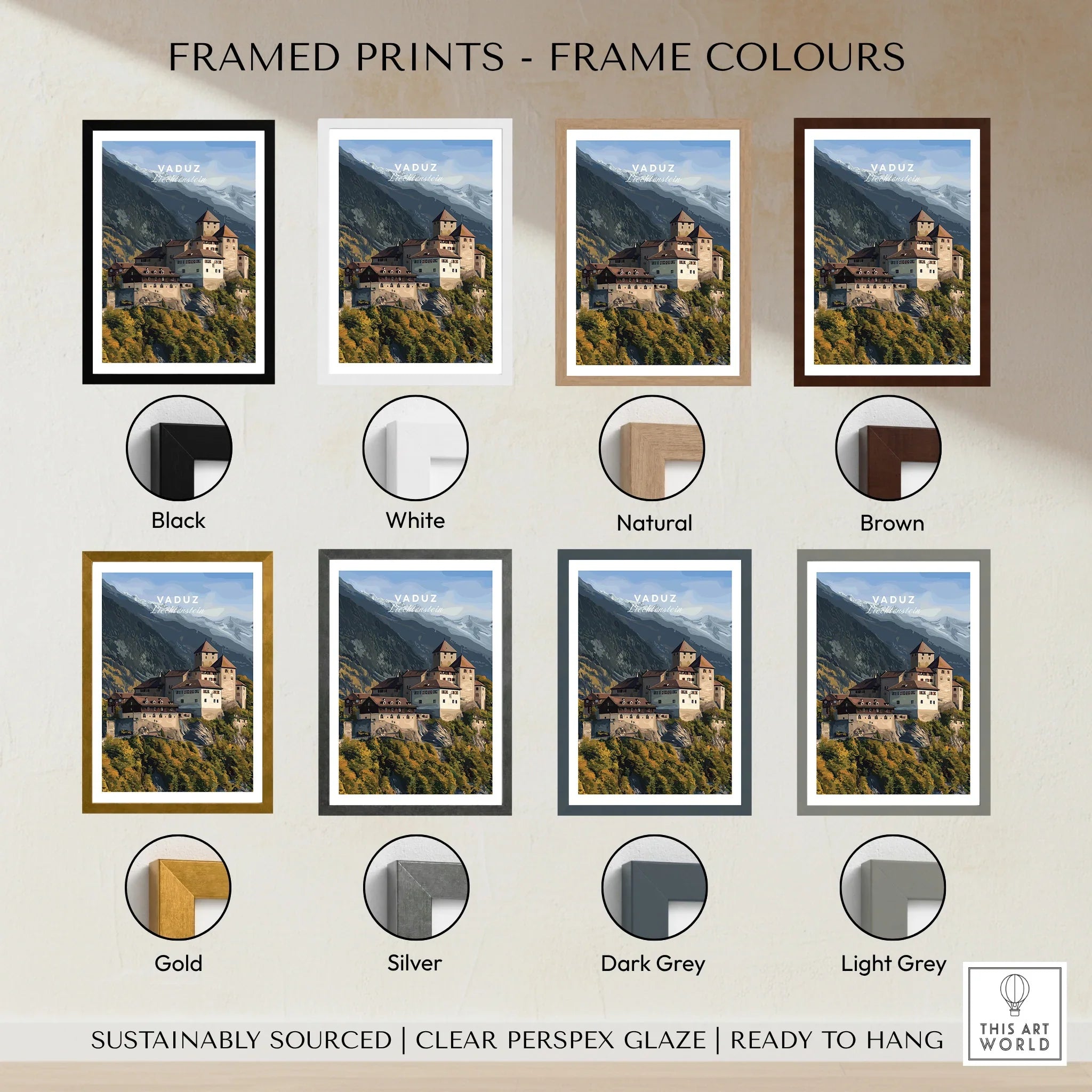 Vaduz castle travel art print in multiple frame color options including black, white, gold, and grey.