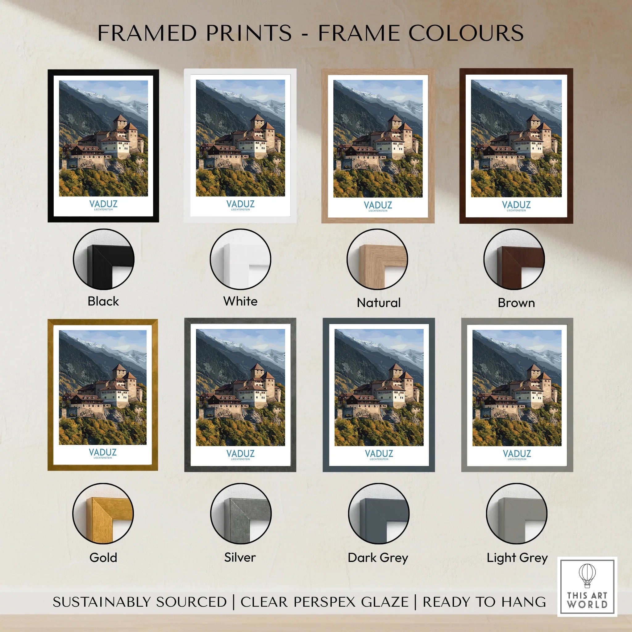 Vaduz travel poster in eight frame colours, with mountain castle wall art.