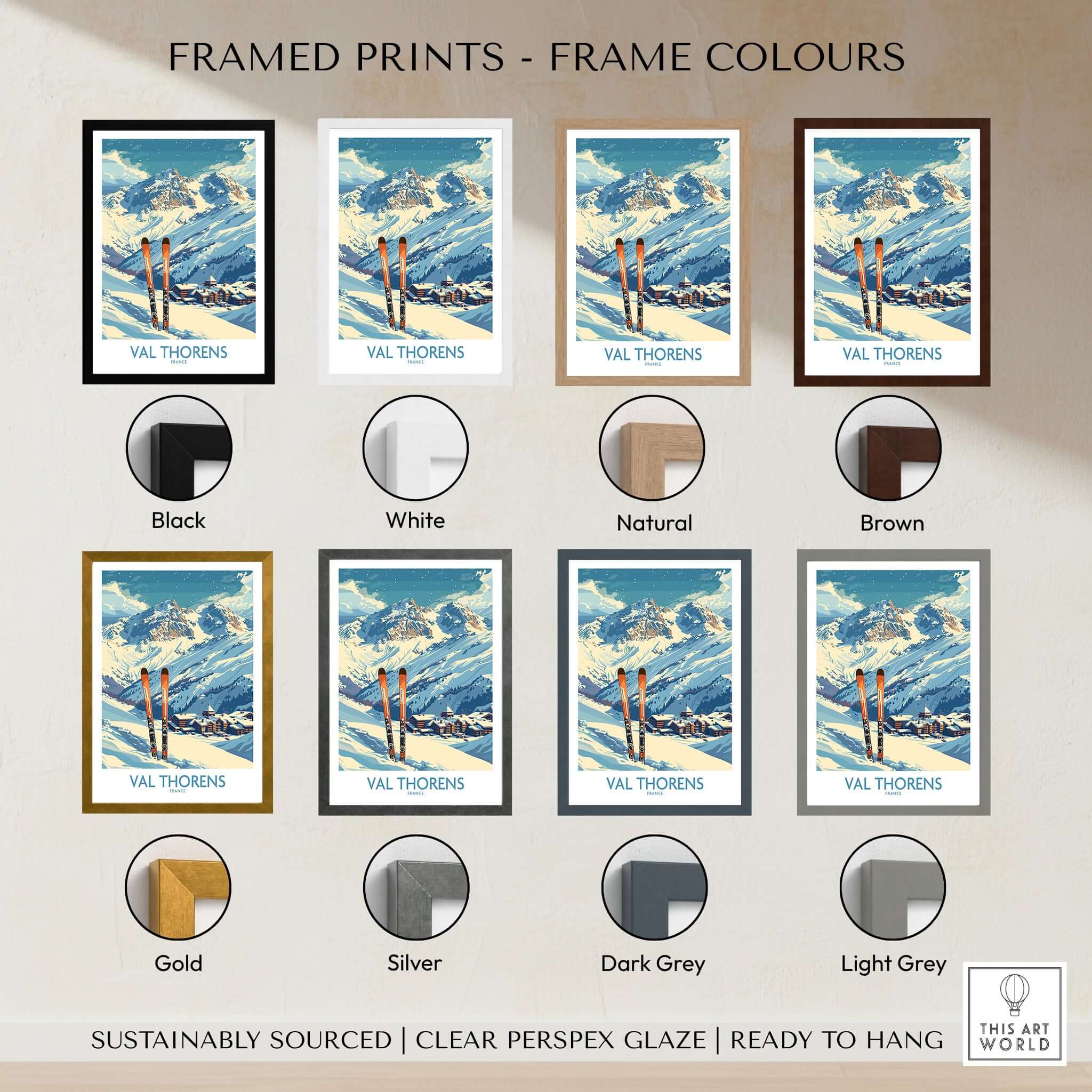 Framed Val Thorens Print options showcasing various frame colors including black, white, natural, and more.
