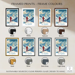 Val Thorens Skiing Poster framed in various colors including black, white, natural, brown, gold, silver, dark grey, and light grey.