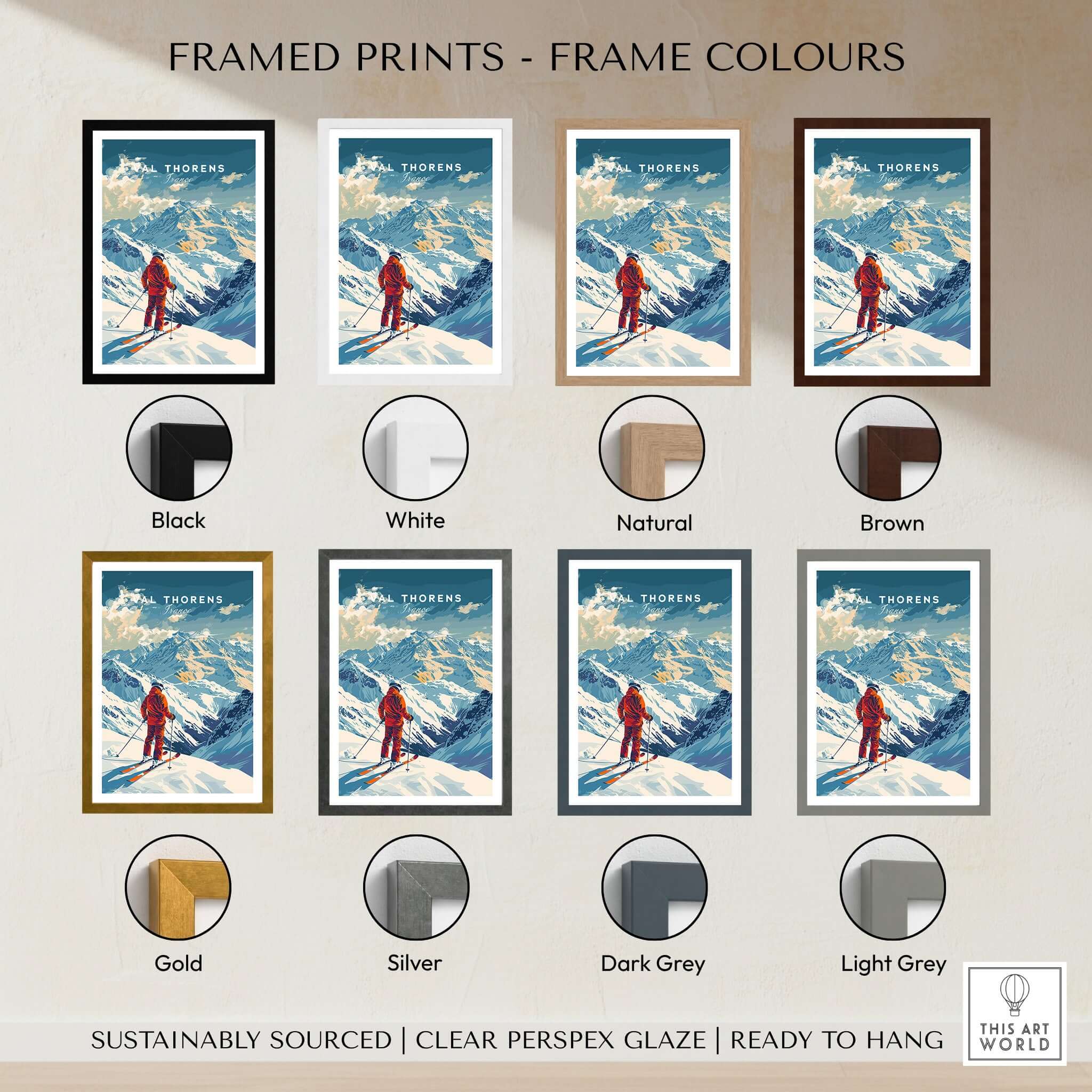 Val Thorens Poster framed print options in various colors including black, white, natural, brown, gold, silver, dark grey, and light grey.