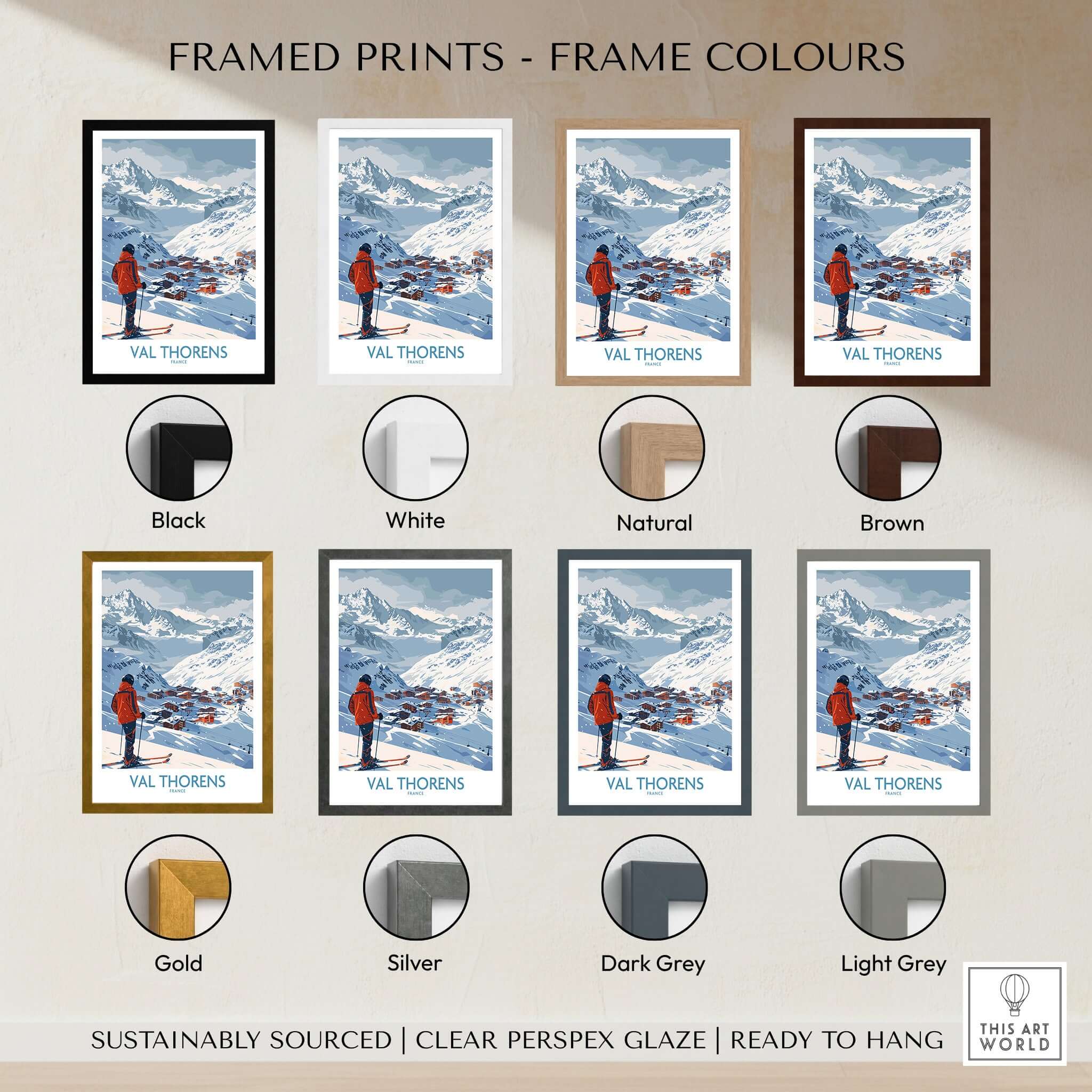 Val Thorens France Print framed in various colors including black, white, natural, brown, gold, silver, dark grey, and light grey.