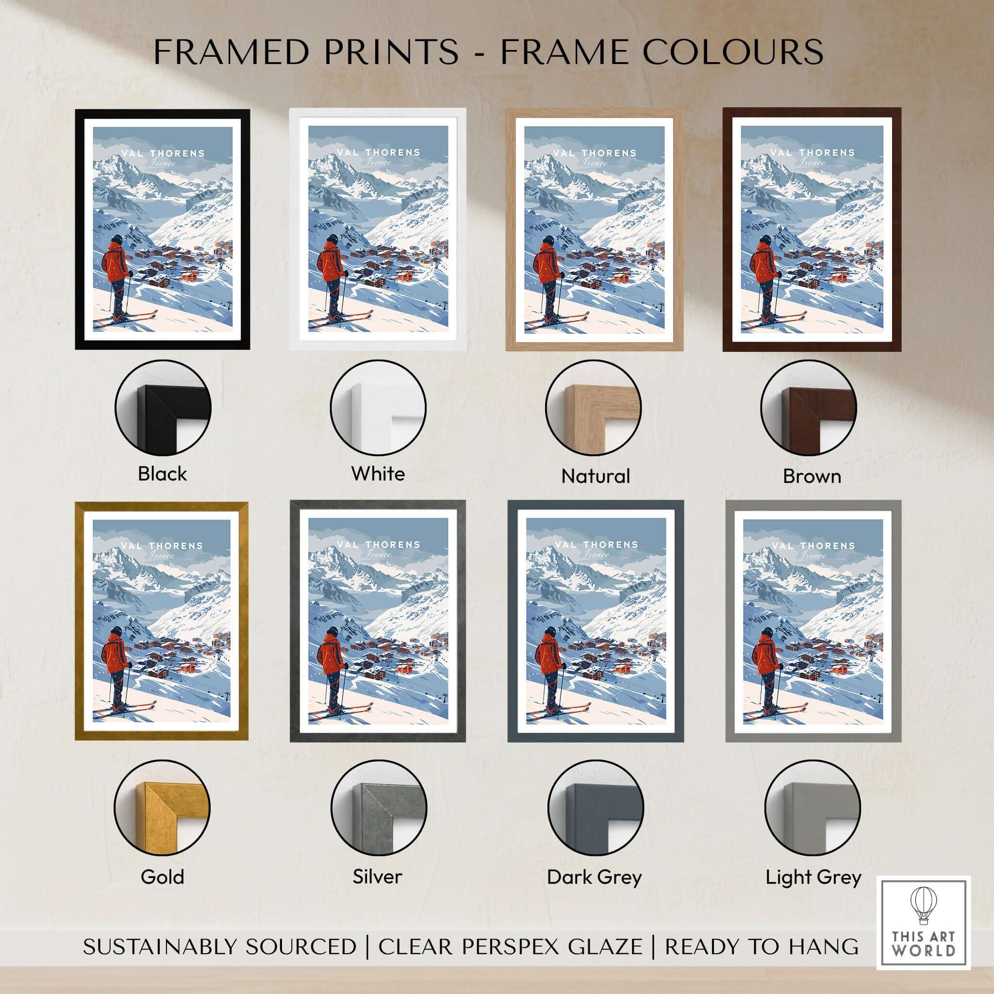 Val Thorens Wall Art Print framed options in various colors including black, white, natural, brown, gold, silver, and grey.