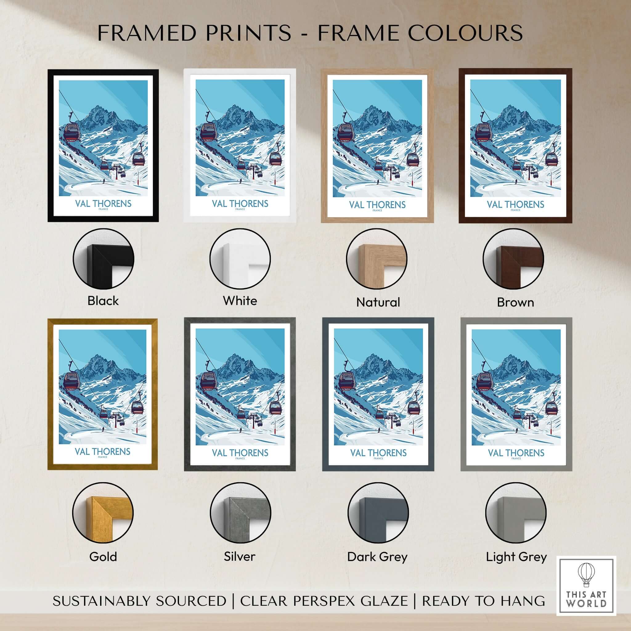 Framed prints showcasing Val Thorens Ski Resort wall art in various frame colors including black, white, natural, and brown.