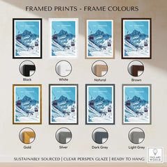 Val Thorens Ski Art Print | Winter Sports French Alps framed prints in various colors including black, white, gold, and brown.