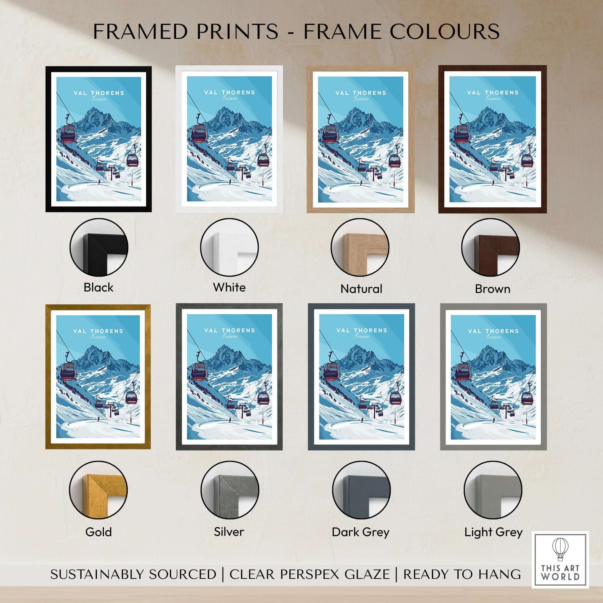 Val Thorens Ski Art Print | Winter Sports French Alps framed prints in various colors including black, white, gold, and brown.