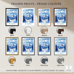 Ski Poster Val Thorens | Ski Trip Memories Wall Art framed print options in various colors including black, white, gold, and grey.