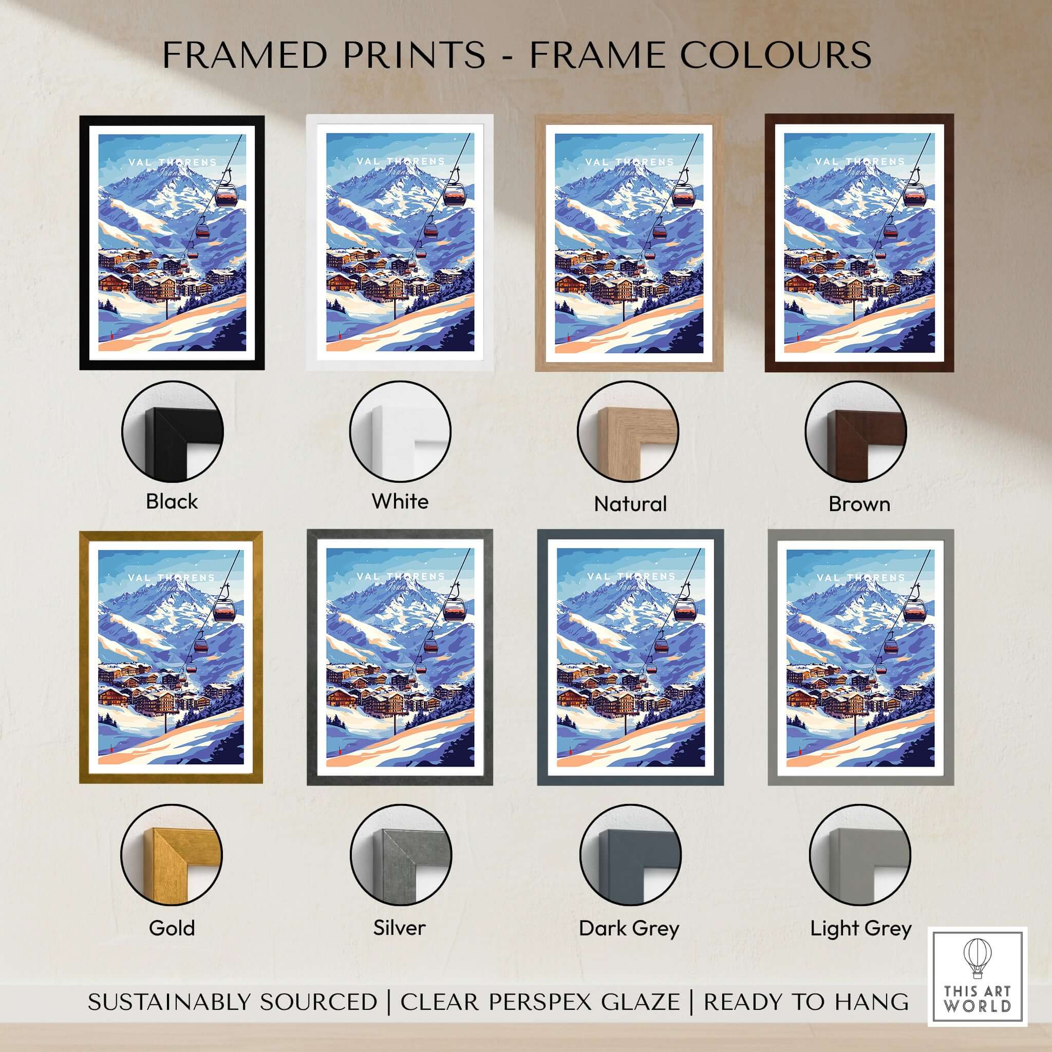 Val Thorens France Ski Poster | Iconic Chairlift Scene framed print options including Black, White, Natural, Brown, Gold, Silver, Dark Grey, Light Grey.