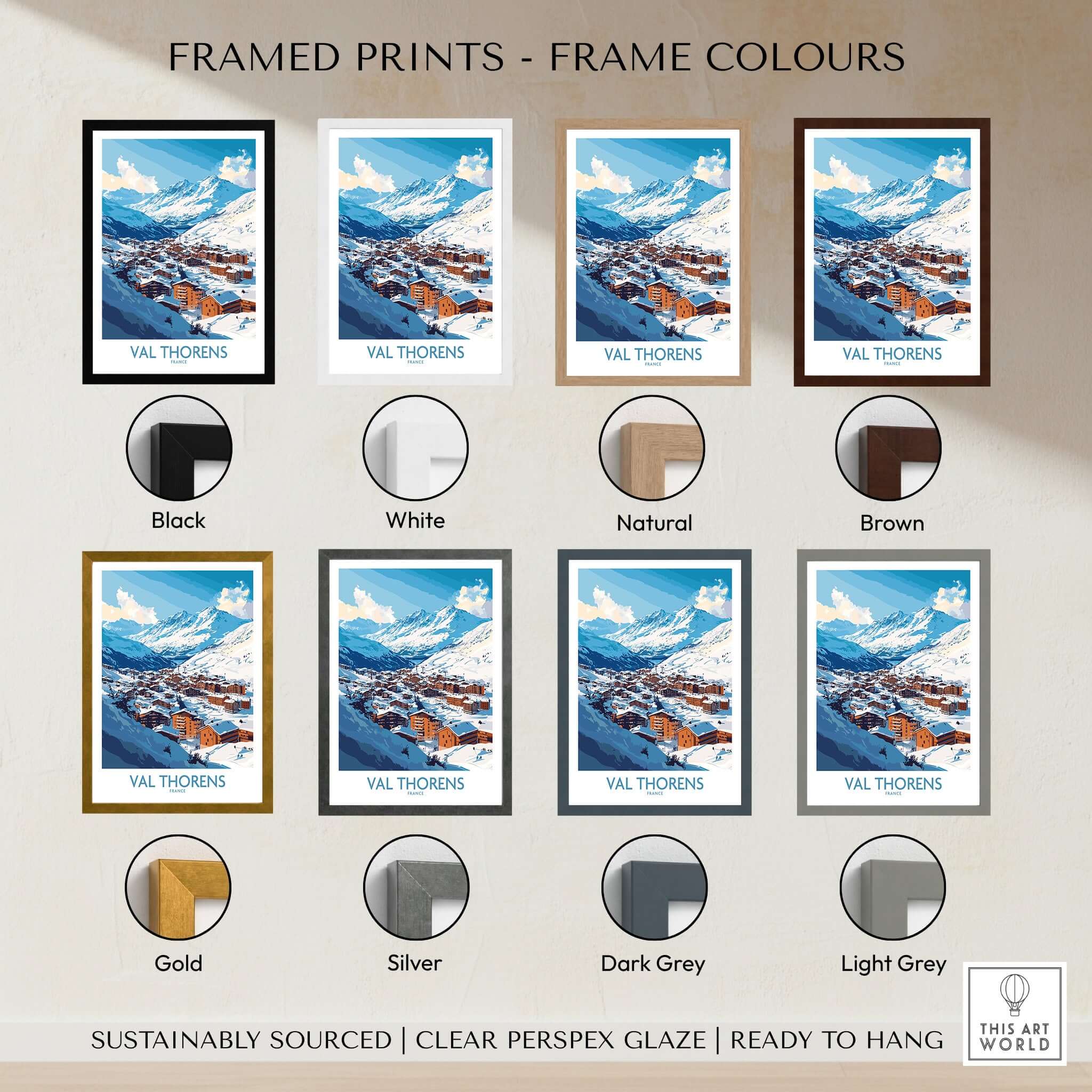 Framed prints showcasing various frame colors for Ski in Val Thorens Art Print | France skiing Print.