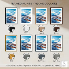 French Alps Ski Village Poster | Cosy Val Thorens Scene framed print options in various colors.