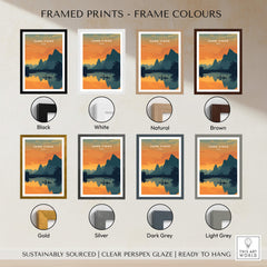 Framed prints showcasing Vang Vieng Laos Travel Poster | Nam Song River Sunset Wall Art Print in various frame colors.