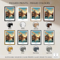 Venice Boat Print options framed in various colors including black, white, natural, brown, gold, silver, dark grey, and light grey.