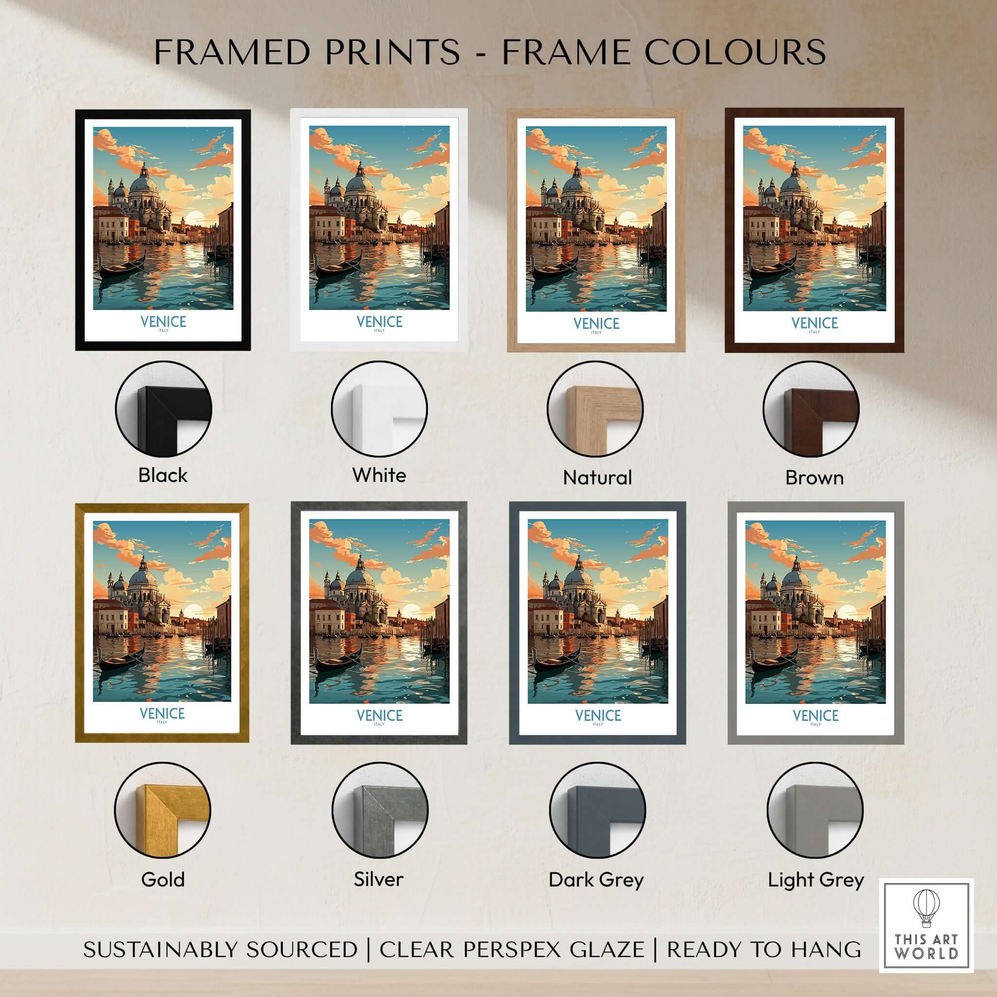 Venice Boat Print options framed in various colors including black, white, natural, brown, gold, silver, dark grey, and light grey.