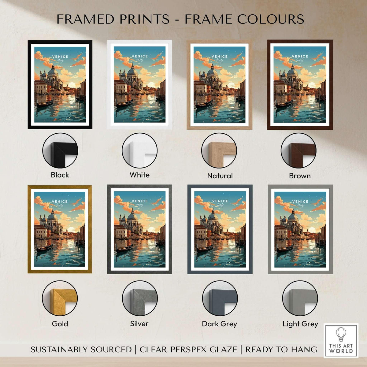 Venice Print showcased in various frame colors: black, white, natural, brown, gold, silver, dark grey, light grey.