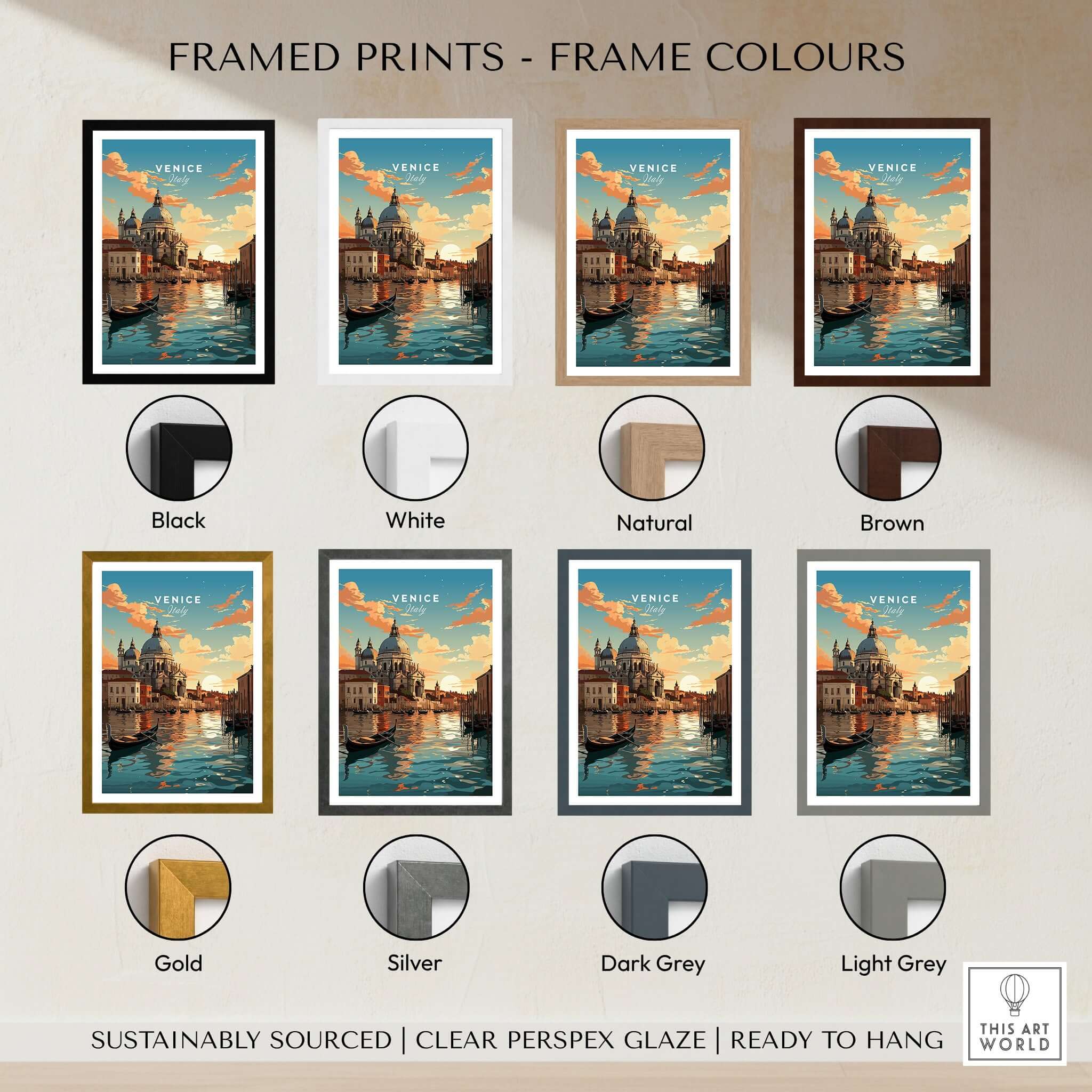 Venice Print showcased in various frame colors: black, white, natural, brown, gold, silver, dark grey, light grey.