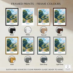 Selection of framed Wales landscape art prints in black, white, natural, brown, gold, silver, dark grey, and light grey frame options.