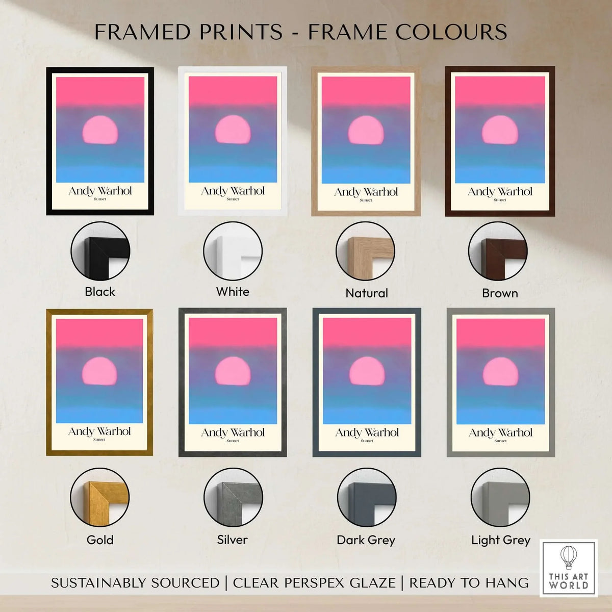 Andy Warhol Sunset Pink Blue Pop Art Poster Abstract Screenprint Wall Art Print with various frame color options.