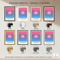 Andy Warhol Sunset Pink Blue Pop Art Poster Abstract Screenprint Wall Art Print with various frame color options.